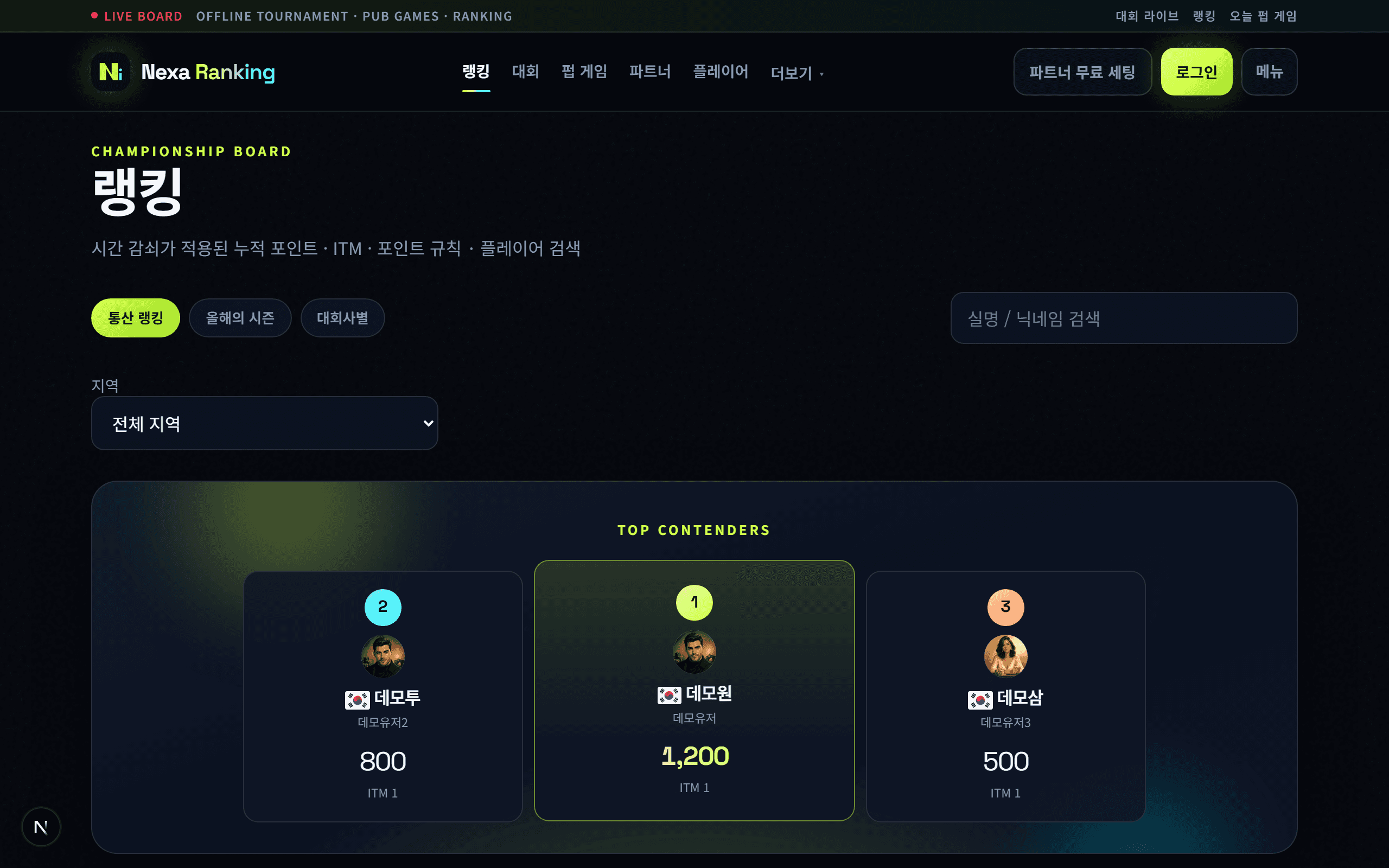 Nexa 공개 랭킹 예시 화면